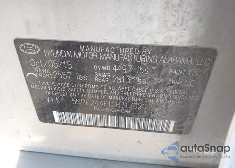 2016 Hyundai Sonata Se из США, поврежденный, VIN 5NPE24AF1GH317020